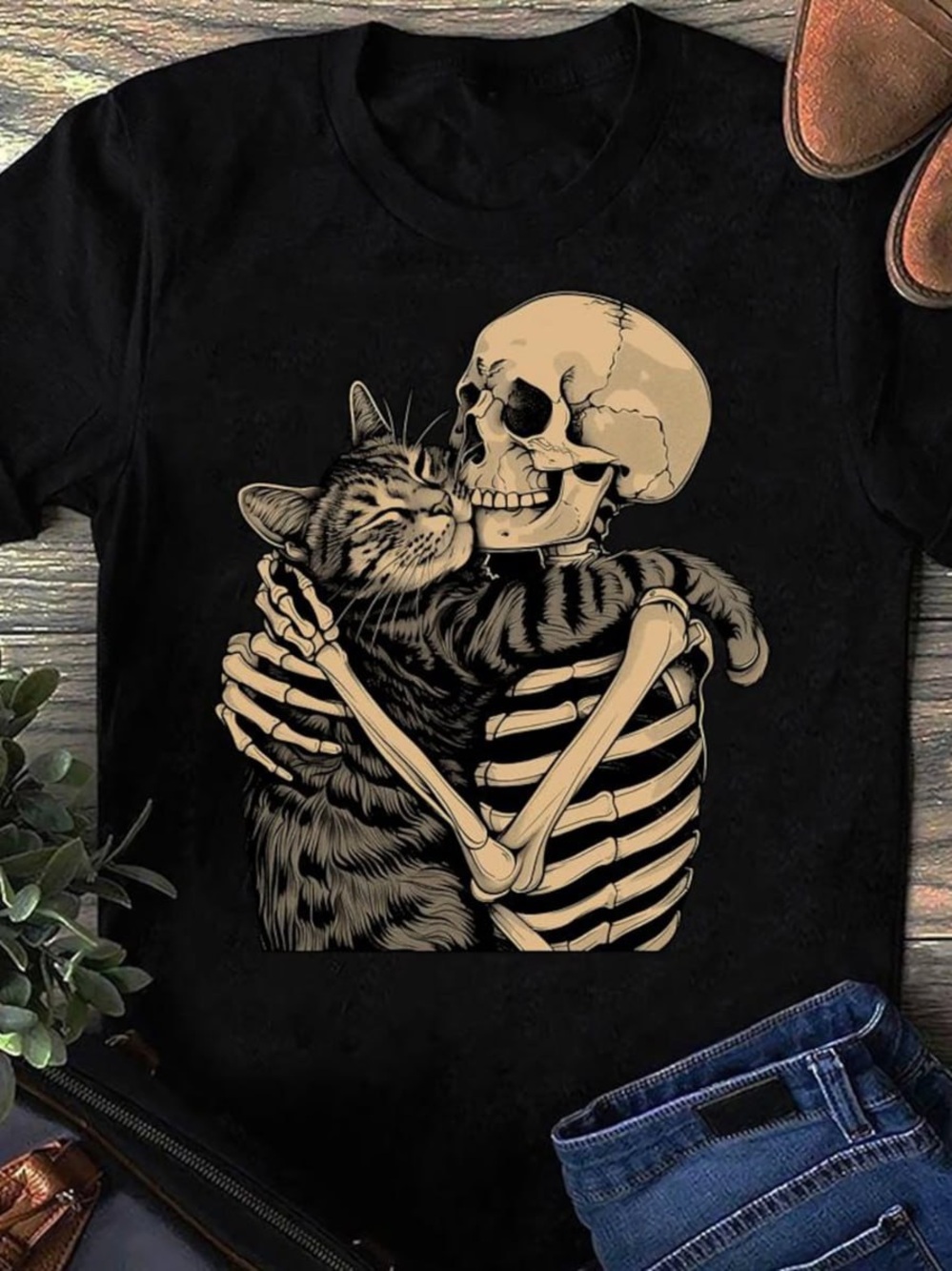 Black Tee with Beige Skeleton & Tabby Cat Graphic